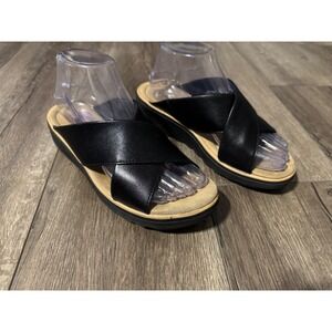 Clarks Collection Black Leather Criss Cross Slide Sandal Women's Size 8M